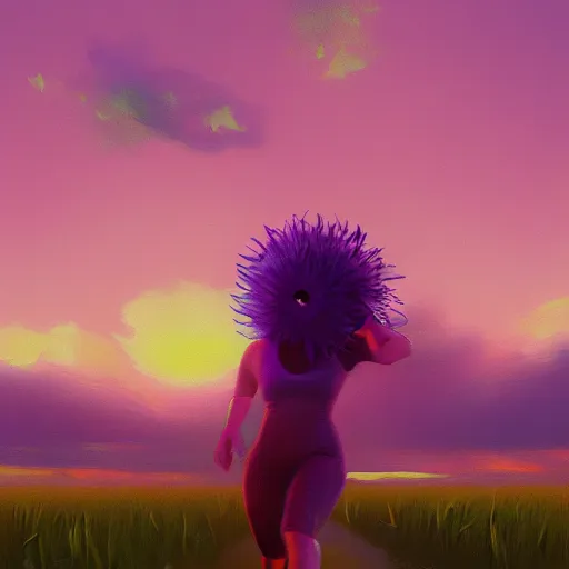 Image similar to portrait, giant purple dahlia flower head, woman running at orange beach, surreal photography, sunrise, blue sky, dramatic light, impressionist painting, digital painting, artstation, simon stalenhag