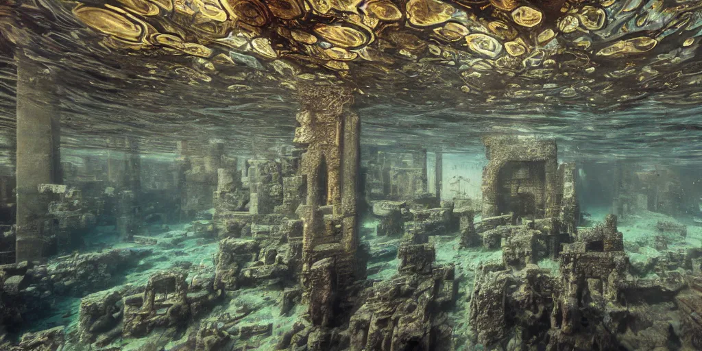 Image similar to mc donald's ruins underwater, wide shot, intricate details, caustics