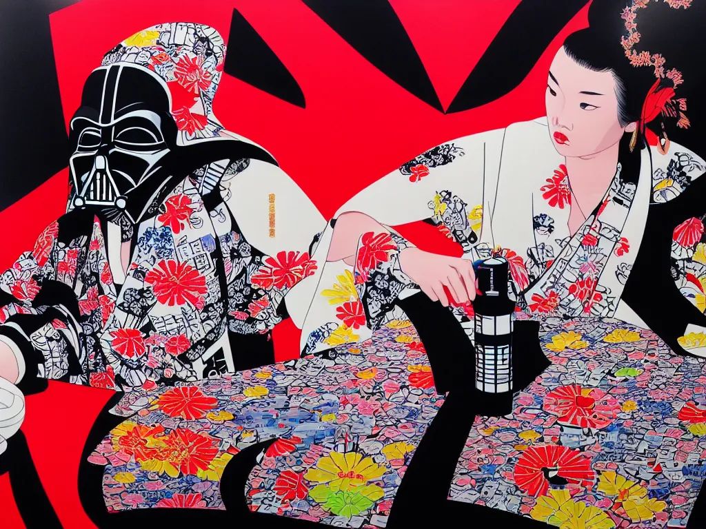 Image similar to hyperrealism composition of the detailed woman in a japanese kimono sitting at an extremely detailed poker table with darth vader, fireworks and folding screen on the background, pop - art style, jacky tsai style, andy warhol style, acrylic on canvas