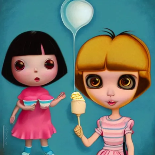 Prompt: dora the explorer as real girl holding ice cream, Pop Surrealism lowbrow style, creepy doll by Mark Ryden, artstation