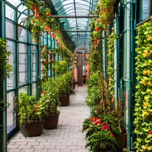Image similar to victorian greenhouse corridor decorated with potted plants, hyper realism