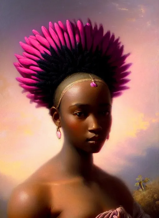 Prompt: stunning african princess, detailed pink and white protea head peace against a black backdrop by ivan aivazovsky, wlop, oil painting, soft lighting, muted colours, artstation