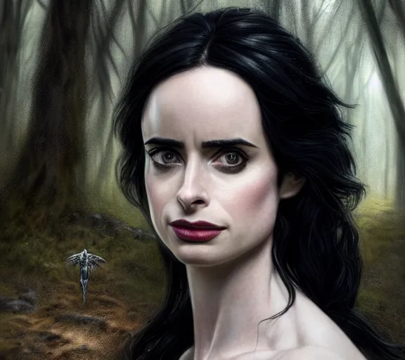 Image similar to 5 5 mm close up portrait photo of krysten ritter as yennefer of vengerberg in black leather armor and black hair, in a forest. magical atmosphere. art by greg rutkowski. lifelike. very detailed 8 k. intricate. soft light. nikon d 8 5 0.