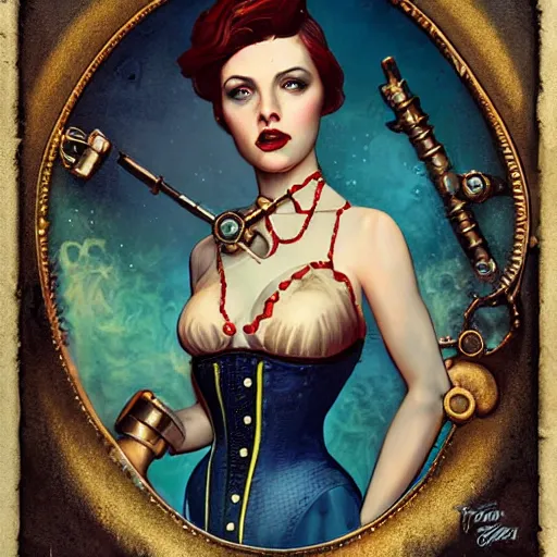 Prompt: lofi underwater bioshock steampunk corset portrait, Pixar style, by Tristan Eaton Stanley Artgerm and Tom Bagshaw.