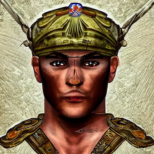 Image similar to archeologic hi - tech lowlife soldier portrait, very ornated, very detailed