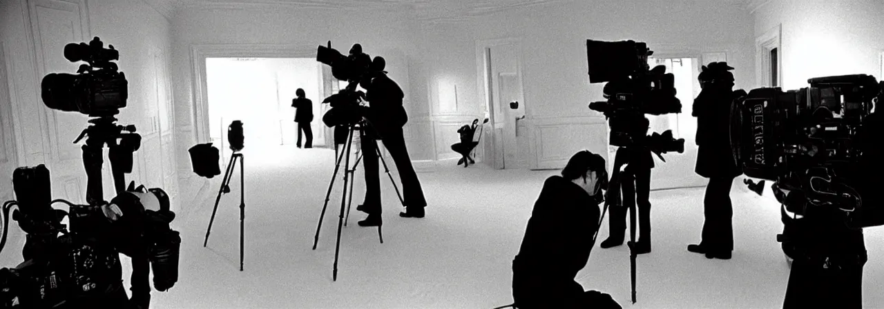 Image similar to Cinematography a behind the scenes shot from The shining movie. Hollywood. Camera crew. Kubrick. Cinema.