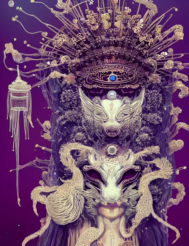 Image similar to goddess macro close - up portrait with crown, ram skull. beautiful intricately detailed japanese crow kitsune mask and clasical japanese kimono. betta fish, jellyfish phoenix, bioluminescent, plasma, ice, water, wind, creature, artwork by tooth wu and wlop and beeple and greg rutkowski