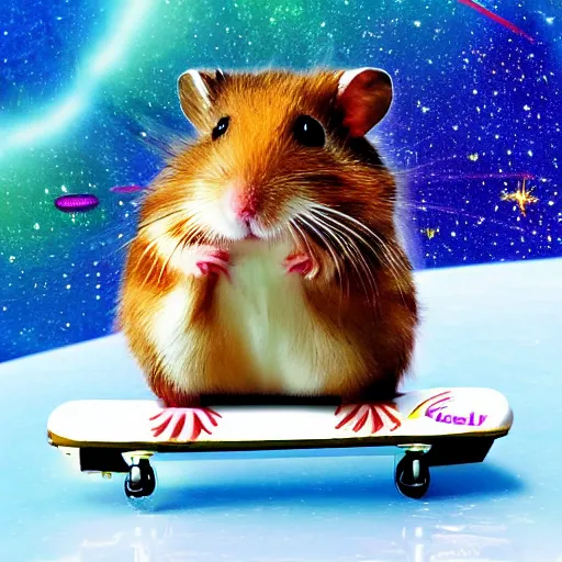 Image similar to hamster skating through space, colorful, realistic, photorealism