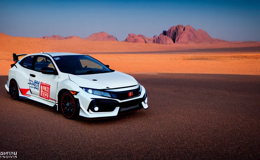 Image similar to photograph of an itasha Honda Civic EK9 Type-R, surrounded by desert with a futuristic city in the horizon, sigma 85mm f/1.4, 4k, depth of field, high resolution, 4k, 8k, hd, full color