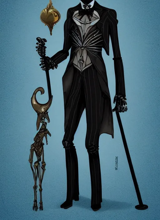 Image similar to DND character art, skeletal male figure, wearing a deep black suit!!! and tie and top hat, holding a gold! cane!, blue flames!!