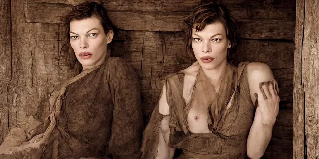 Prompt: portrait of (beautiful) female Mila Jovovich (((alone))) in an old west cabin