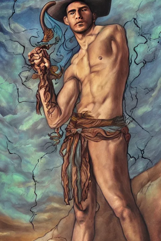 Prompt: a dramatic, epic, ethereal tarot painting of a handsome!! brown shirtless cowboy | background is a dry dusty riverbed drought | tarot card, art deco, art nouveau | by mark maggiori | trending on artstation