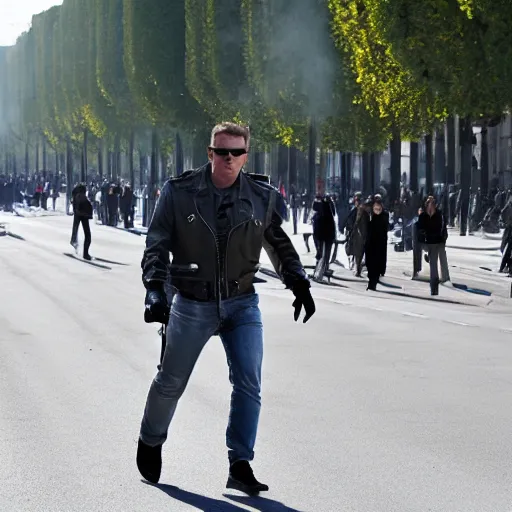 Prompt: T-800 walks in the avenue des champs elysée