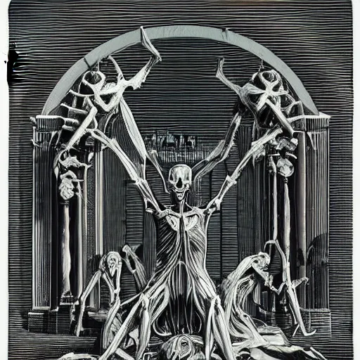 Image similar to In the center of the sculpture is a large gateway that seems to lead into abyss of darkness. On either side of the gateway are two figures, one a demon-like creature, the other a skeletal figure. vector art, cyanotype by Greg Land flowing
