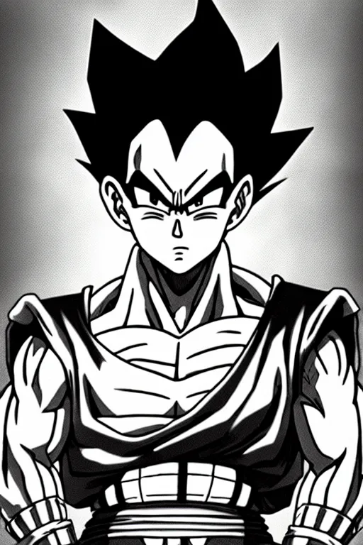 Image similar to prince vegeta, portait, grayscale photography, very detailed, dynamic lighting, akira toriyama