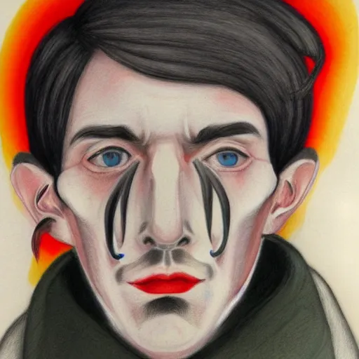Prompt: face portrait a thin man with sallow skin, a large hooked nose. he had shoulder - length greasy black hair which framed his face in curtains, curling lips and dark penetrating eyes, highly detailed, sharp focus, trending on art station, colourful drawing