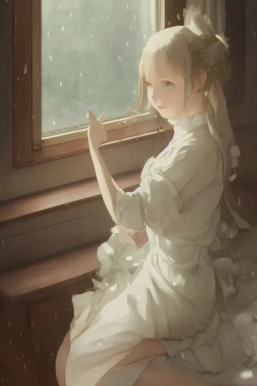 Image similar to a girl in a maid's outfit in the bedroom a night, raining outside the window, wavy white long hair, by krenz cushart and mucha and akihito yoshida and greg rutkowski and makoto shinkai, detailed eyes, 4 k resolution