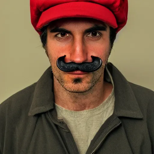 Image similar to photo of a dark haired man with long face, dark brown eyes and eyelashes, moustache, long nose, stubble wearing red newsboy cap like mario