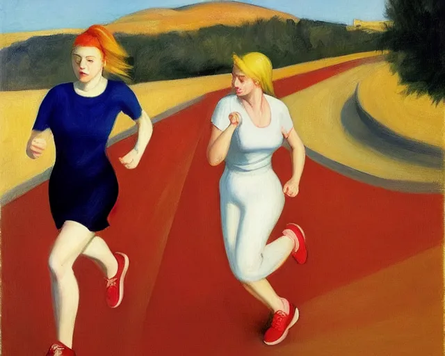 Image similar to blond lady with red and blue sneakers running through israel, running by salsa vendor, oil on canvas by edward hopper