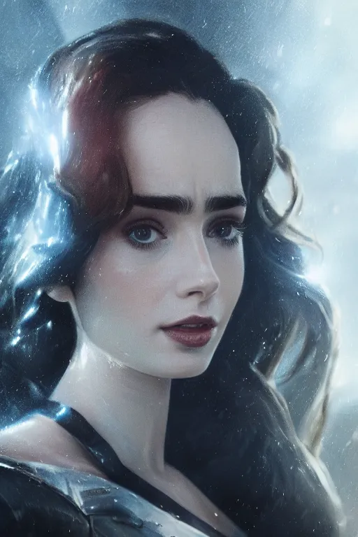 Image similar to a fancy close up of Man of Steel cast as Lily Collins by Greg Rutkowski, Sung Choi, Mitchell Mohrhauser, Maciej Kuciara, Johnson Ting, Maxim Verehin, Peter Konig, 8k photorealistic, cinematic lighting, HD, high details, dramatic, trending on artstation, full body shot