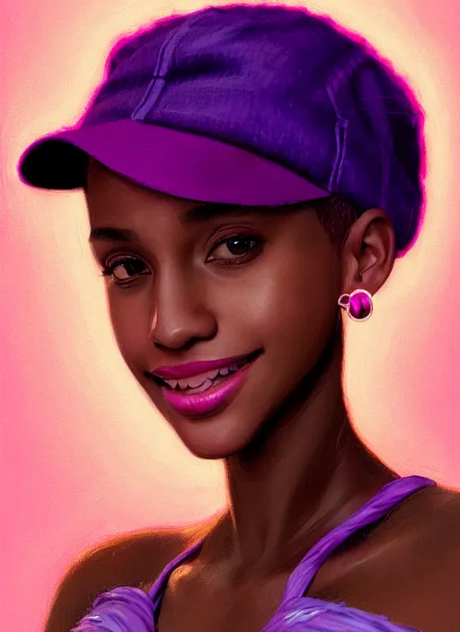 Prompt: portrait of vanessa morgan, black teenage girl, pink hair, wavy pixie haircut, purple newsboy cap, hoop earrings, subtle confident smile, intricate, elegant, glowing lights, highly detailed, digital painting, artstation, concept art, sharp focus, illustration, art by wlop, mars ravelo and greg rutkowski