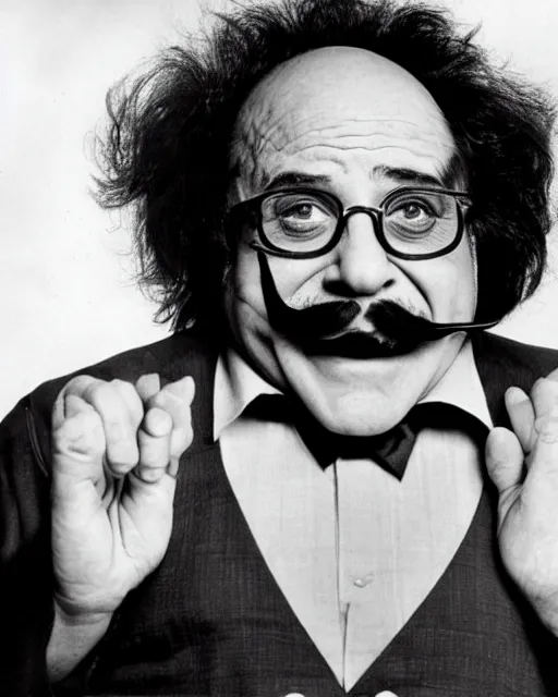 Image similar to danny devito with a long twirly mustache like salvador dali