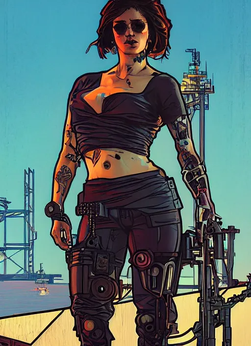 Prompt: hector. cyberpunk cartel assassin on skiff. oil rig in the background. portrait illustration, pop art, art by ashley wood, alphonse mucha, laurie greasley and josan gonzalez. cinematic. dynamic lighting. realistic proportions. creative design. cell shading