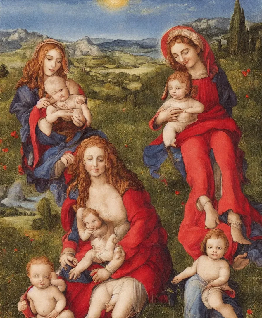 Image similar to Detailed Portrait of Madonna, with infant Jesus and another boy playin in front of her in the style of Raffael. Red hair. They are sitting in a dried out meadow near in Tuscany, red poppy in the field. On the horizon there is a blue lake with a town and blue mountains. Flat perspective.