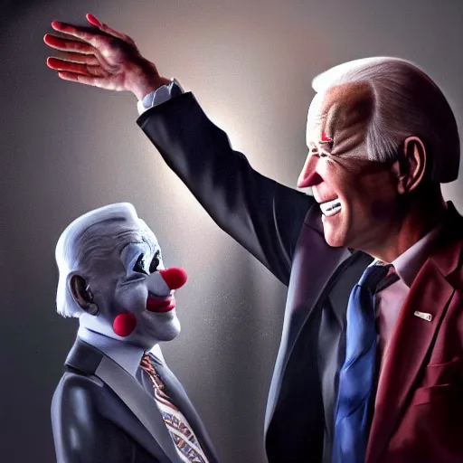 Image similar to hyperrealistic mixed media image of joe biden shaking hands with a clown, stunning 3 d render inspired art by istvan sandorfi and greg rutkowski, perfect facial symmetry, realistic, highly detailed attributes and atmosphere, dim volumetric cinematic lighting, 8 k octane extremely hyper - detailed render, post - processing, masterpiece,