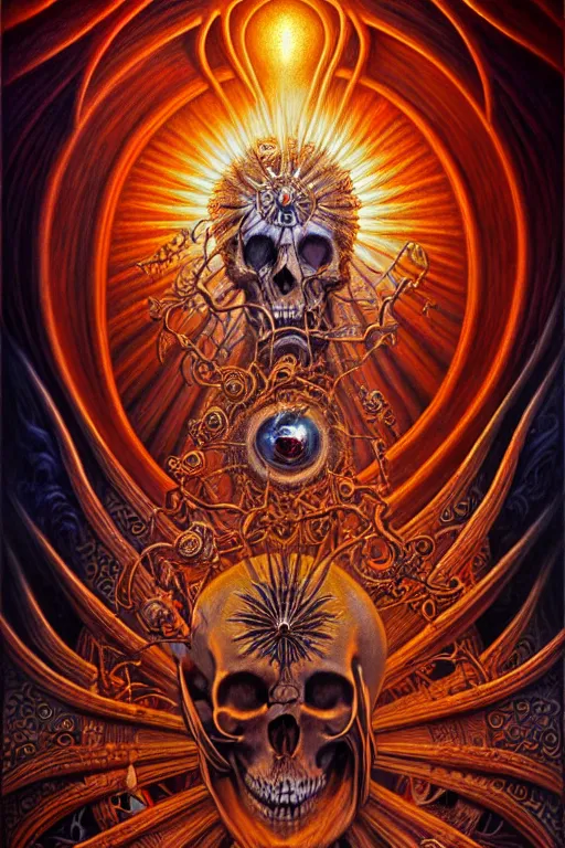 Prompt: A beautiful detailed orixa sun godness, tarot card, by tomasz alen kopera and Justin Gerard, symmetrical features, ominous, magical realism, texture, intricate, ornate, royally decorated, skull, skeleton, whirling smoke, embers, red adornements, red torn fabric, radiant colors, fantasy, trending on artstation, volumetric lighting, micro details, 3d sculpture, ray tracing, 8k, anaglyph effect