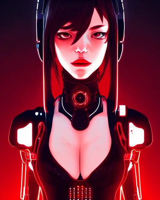 Image similar to a detailed potrait of a cyberpunk cyborg girl with black and red parts, perfect face, realistic shaded perfect face, detailed. night setting. very anime style. realistic shaded lighting poster by ilya kuvshinov katsuhiro, unreal engine, global illumination, radiant light, detailed and intricate environment