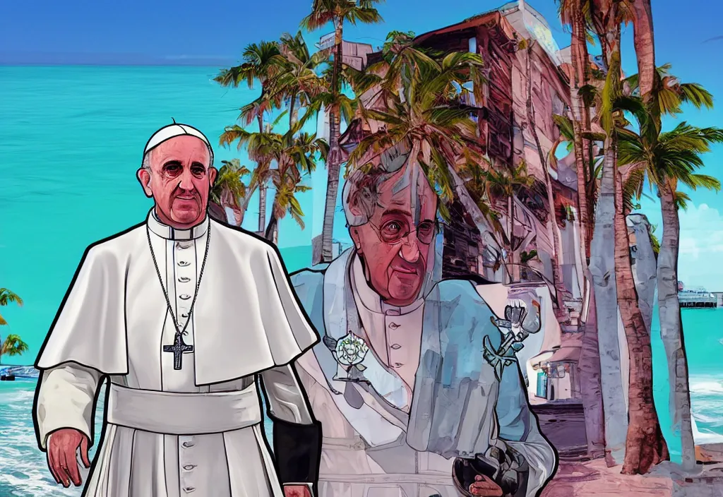 Prompt: pope francis in grand theft auto loading screen, gta art style, illustration, beach, miami, vice city