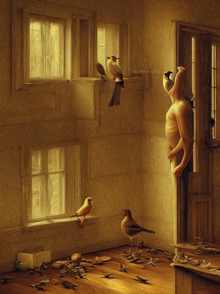 Image similar to single man knows to hear birds sing while in an empty room, intricate detailed oil painting, detailed illustration, oil painting, painterly feeling, centric composition