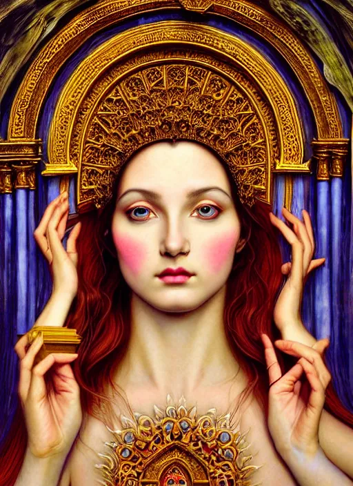 Image similar to portrait of a beautiful young goddess' face merging with a cathedral building, unusual beauty, etheric, outworldly colours, emotionally evoking symbolic metaphors, head in focus, fantasy, ornamental, intricate, elegant, highly detailed painting atyle photo, artstation, concept art, painterly, golden ratio, sharp focus, illustration, art by John William Godward and Zdzisław Beksiński, Antonio Mora,