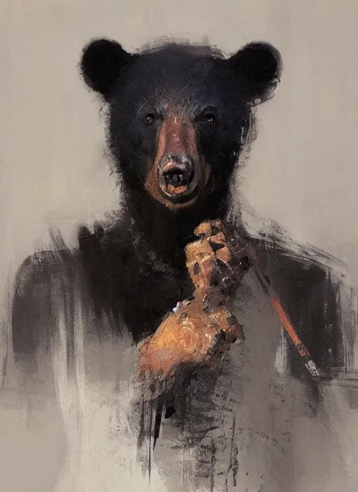 Image similar to portrait painting of anthropomorphic black bear in traditional japanese clothes by jeremy mann, only one head single portrait