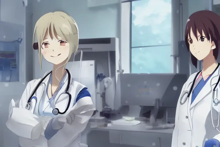 Prompt: a cute young female doctor wearing white coat are doing an operation in a hospital, slice of life anime, cinematic, lighting, 8kHDR, anime scenery by Makoto shinkai