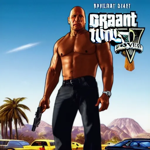 Prompt: dwayne johnson as grand theft auto v cover art,