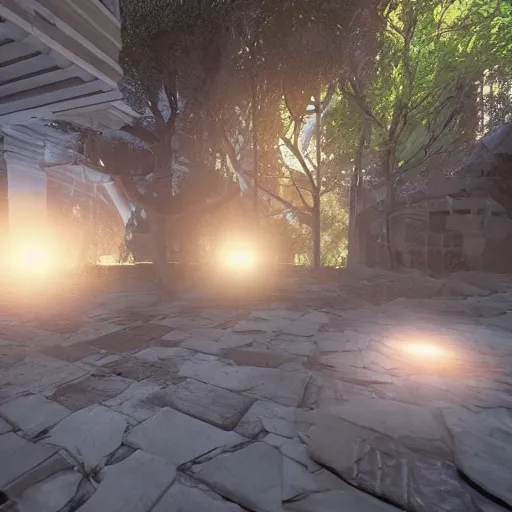 Image similar to arcane teleportation pad, realistic lighting, bloom, unreal engine, cinema, particles