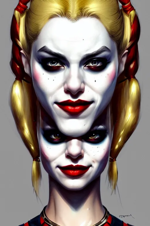 Image similar to highly detailed portrait of an elegant harley quinn, ornate crown, beautiful symmetrical face, glowing skin, digital painting, artstation, concept art, smooth, clear focus, illustration, greg rutkowski, artgerm, global lighting, detailed and fantasy