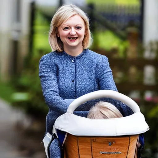 Image similar to hyperrealistic photography of elizabeth truss, conservative MP, in a baby carriage