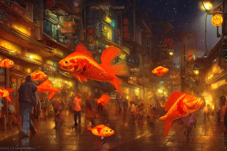 Prompt: fantasy art of glowing goldfish swimming in the air, in the streets of a japanese town at night, with people watching in wonder and pointing, by ralph horsley, highly detailed digital art, trending on artstation