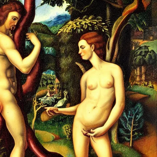 Prompt: adam and eve in the garden of eden, oil painting