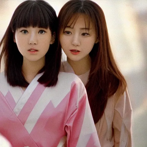 Image similar to 1990s, unbelievably beautiful, perfect, dynamic, epic, cinematic 8K HD movie shot of two semi-close-up japanese beautiful cute young J-Pop idols actresses girls, they express joy and posing together. By a Chinese movie director. Motion, VFX, Inspirational arthouse, high budget, hollywood style, at Behance, at Netflix, with Instagram filters, Photoshop, Adobe Lightroom, Adobe After Effects, taken with polaroid kodak portra