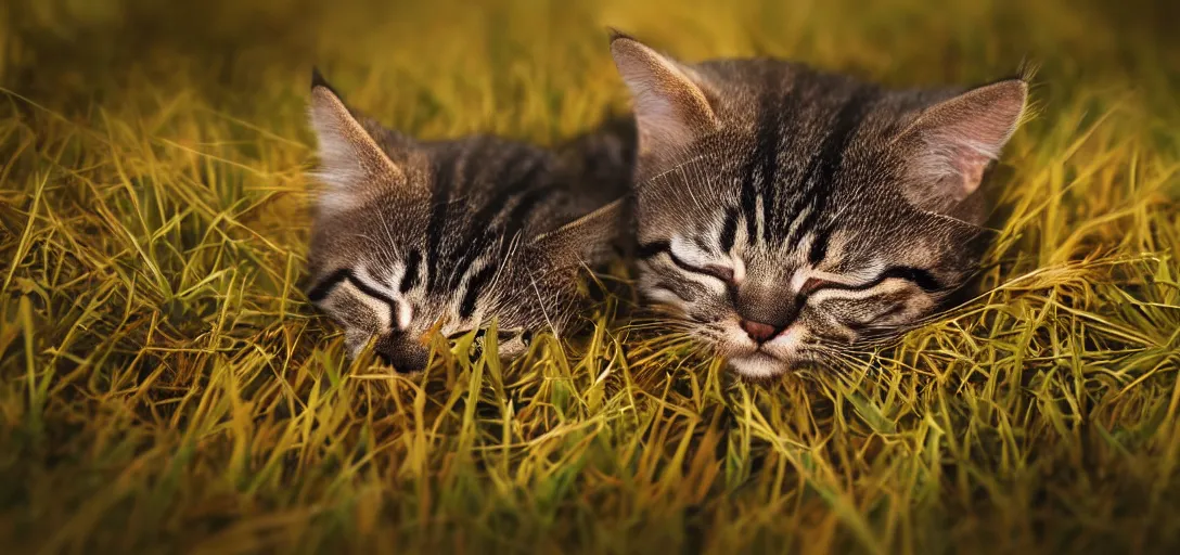 Prompt: a macro photo of a small cat sleeping in the grass inside a tunel at sunset, godrays, complementary colors, warm lighting, raytracing, highly detailed, high quality, 4k HDR, concept art, octane render, unreal engine 5, high coherence