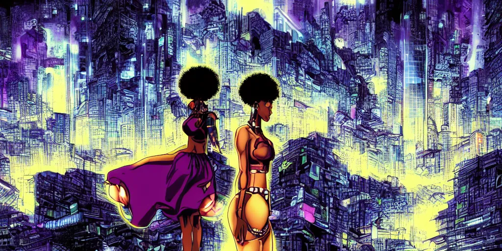 Prompt: an afropunk girl looking into an expansive afro futuristic city at night during a thunderstorm in the style of masamune shirow, anime, cinematic