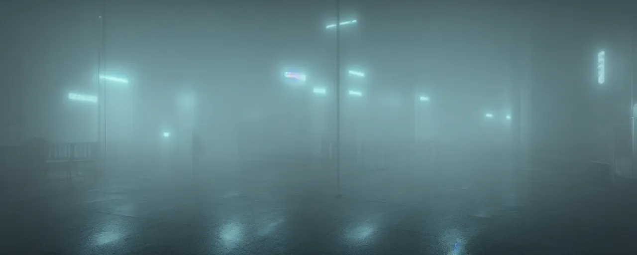 Image similar to An empty liminal space, foggy, neon light, empty room, infinite, moody lighting, scary creatures behind the fog, cinematic, octane render