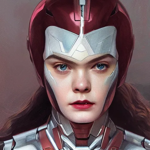 Prompt: head and shoulders portrait of modern darna, elle fanning as ironman, intricate, elegant, dark vibes, highly detailed, digital painting, artstation, glamor pose, concept art, smooth, sharp focus, illustration, art by wlop, mars ravelo and greg rutkowski