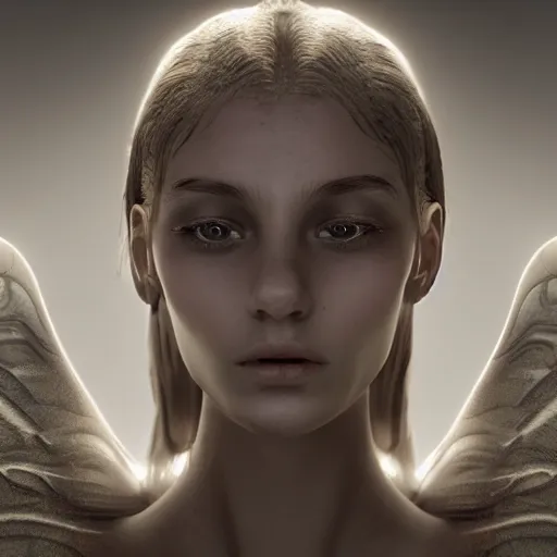 Image similar to A young beautiful female angelic-extraterrestrial-cyborg face with a very long neck, big detailed luminous eyes, thin nose, big lips, hair floating in the wind, Realistic, Refined, Digital Art, Pre-Raphaelite, Highly Detailed, Cinematic Lighting, rim light, dramatic, contrasted black and white, photo-realistic Unreal Engine, 8K