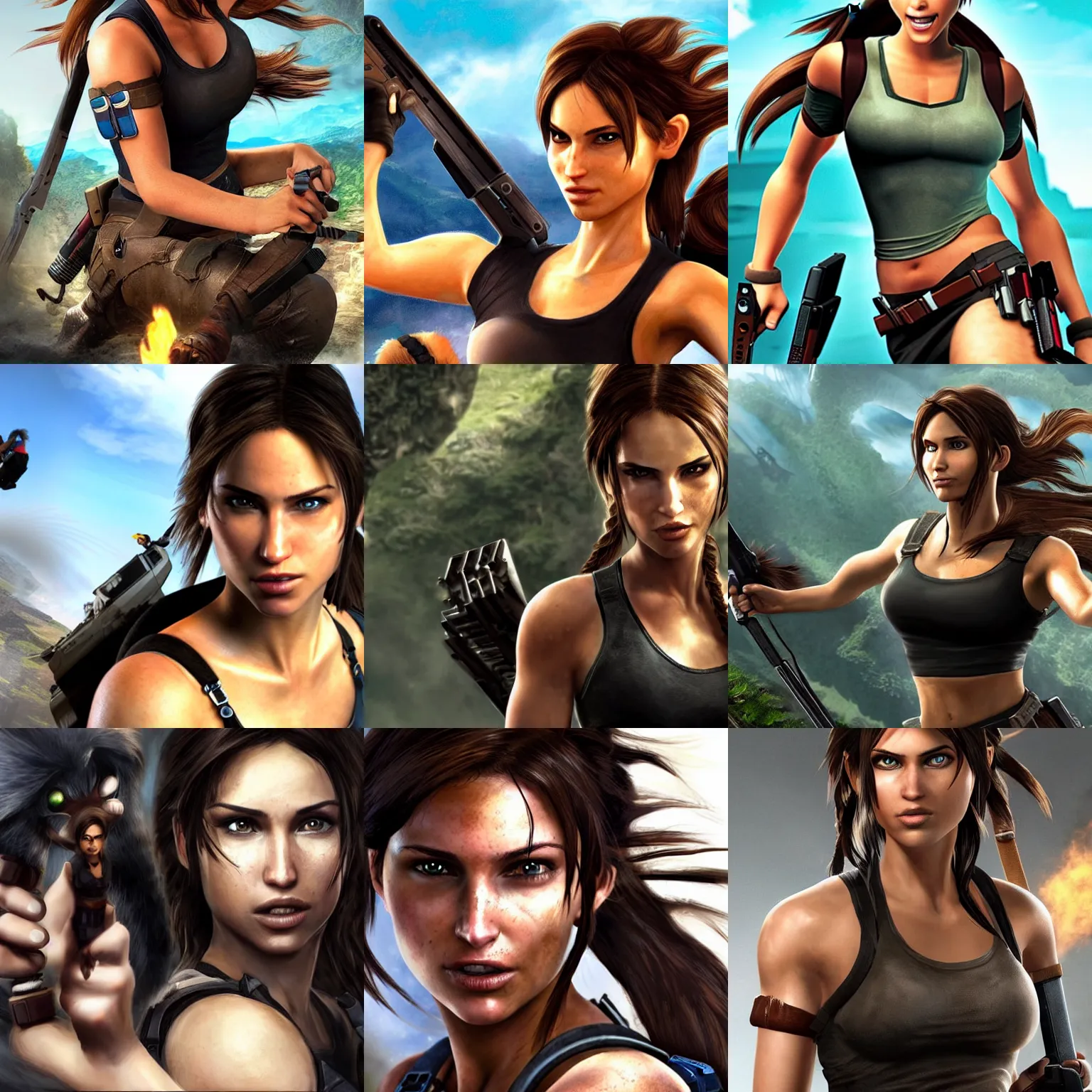 Prompt: Lara Croft with Sonic the Hedgehog's hair teeth and eyes, beautiful, photograph, realistic, promotional