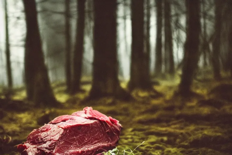 Image similar to terrible dark forest in the depths of which there is a large butcher chopping meat on a wooden stump from Dota 2 filmed hidden on a phone camera, Cinematic, wildlife photography, 35mm, photo on iphone